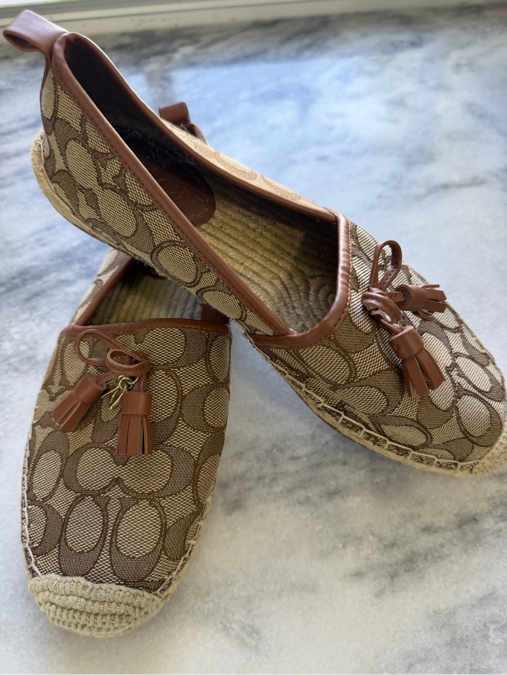 Coach Signature Canvas Espadrille Flats in Brown and Tan with Tassels